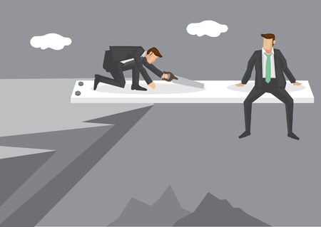 Cartoon man sitting at end of springboard at high mountain cliff watching helplessly at rival sawing the springboard. Creative vector illustration on concept for business in a risky position.のイラスト素材