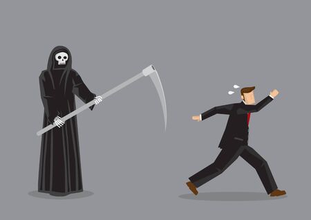 Terrified business professional running away from Grim Reaper, the God of Death. Vector illustration of on horror concept isolated on grey background.のイラスト素材
