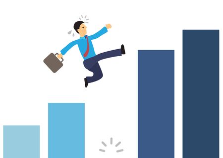 Businessman running on the graph and jumping over a giant gap. Vector cartoon illustration for concept on overcoming digital challenges or transformation - Vectorのイラスト素材