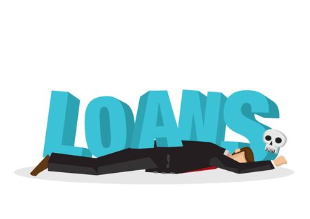 Businessman attacks, fall and collapse by giant lettering âLoansâ. Concept of crisis, corporate sabotage or company misfortune. Flat vector isolated illustration.のイラスト素材