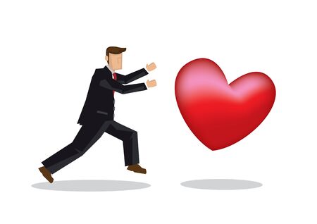 Man in suit chasing a giant heart. Concept of needing love, sex seduction, affectionate or harassment. Flat isolated vector illustration.のイラスト素材