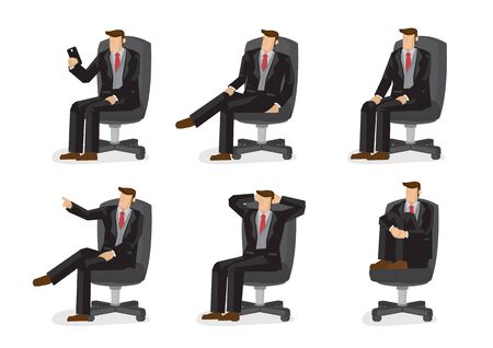 Set of business characters in six sitting positions in a office chair. Vector illustration design.のイラスト素材
