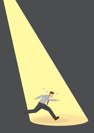 A worried businessman running away under the focus of industrial lights. Caught in the act for a culprit. Flat vector illustrationのイラスト素材