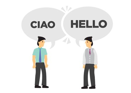 Two businessmen communicate in different languages. Concept of international business or corporate collaboration. English and Italian. Flat vector isolated illustration.のイラスト素材