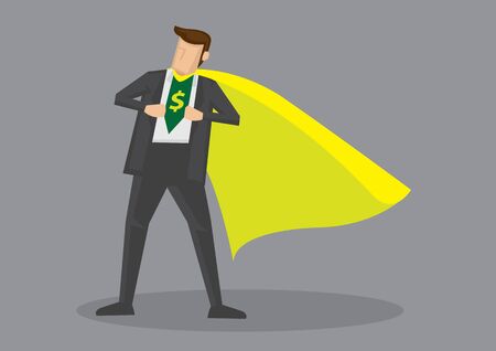 Cartoon man wearing yellow cape opening his shirt to reveal dollar sign. Creative vector illustration on metaphor for financial savvy or expert isolated on grey background.のイラスト素材