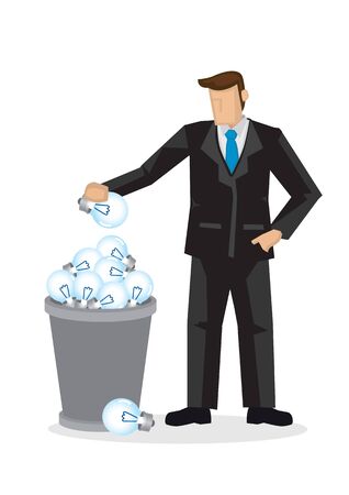 Businessman throwing a light bulb into the trash bin. Concept of innovation or rejected ideas. Flat vector cartoon illustration.のイラスト素材