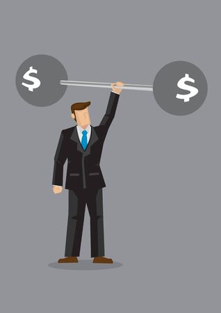 Cartoon man lifts barbell with money sign with single hand. Creative vector illustration on strong finances concept isolated on grey background.のイラスト素材