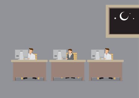Employees busy working in front of computer in office at night. Vector cartoon illustration on concept for working overtime or long extended work hours isolated on plain background.のイラスト素材
