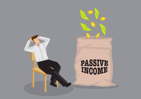 Cartoon man sitting in a relaxed manner enjoying money falling into his bag. Vector illustration on passive income concept.のイラスト素材