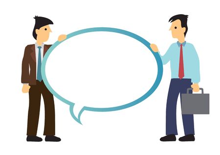 Businessmen holding a speech bubble. Concept of corporate communication. Flat isolated vector illustration.のイラスト素材