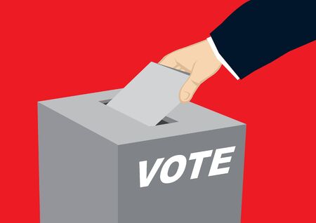 Hand holding ballot paper dropping inside an election box. Concept of voting. Isolated vector...