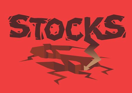 Broken design font of Stocks with a down arrow crashing into the ground on a red background. Concept of stock market crash, financial crisis or recession. Vector illustration.のイラスト素材