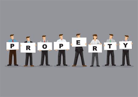 Illustration of business man and woman holding white board cards title Property. Full length on grey background. Portray a concept of teamwork.のイラスト素材