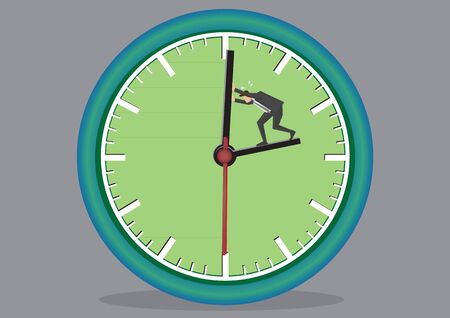 Business executive working hard to push back the minute hand on huge clock face. Creative vector cartoon illustration on time concept isolated on grey background.のイラスト素材