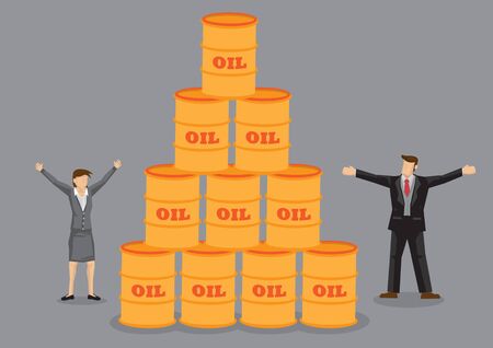 Businessman and businesswoman with raised arms standing beside stack of oil barrels. Vector illustration on concept related to oil and gas business isolated on grey background.のイラスト素材