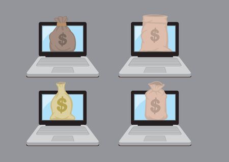 Collection of four laptop with a sack of money. Concept of online banking or earning money. Flat isolated vector illustration.のイラスト素材