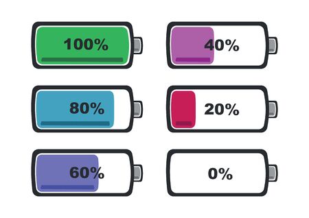 Battery charging indicator icons in percentage. Flat Isolated vector illustration.のイラスト素材