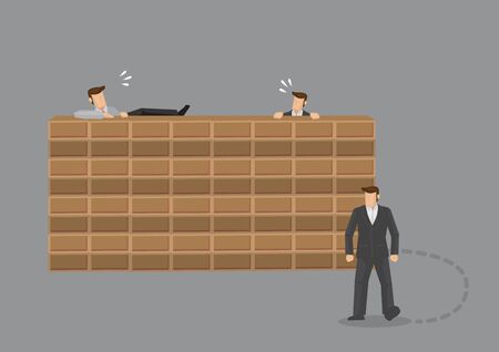 Two men trying to climb over brick wall and third man found just go around it. Creative vector illustration on metaphor for doing things the hard way versus out of box thinking for problem solving concept.のイラスト素材