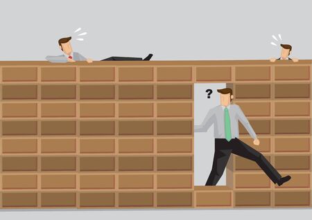 Smart man walking through hole in brick wall while others try to climb over wall. Cartoon vector illustration on concept for taking shortcuts versus doing things the hard way. のイラスト素材