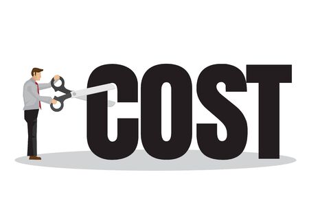 Businessman with a giant scissor cutting a cost block. Concept of cost reduction or budget management. Flat vector illustration.のイラスト素材