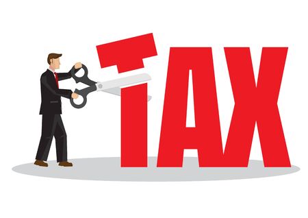 Businessman with a giant scissor cutting a tax block. Concept of tax reduction or budget management. Flat vector illustration.のイラスト素材