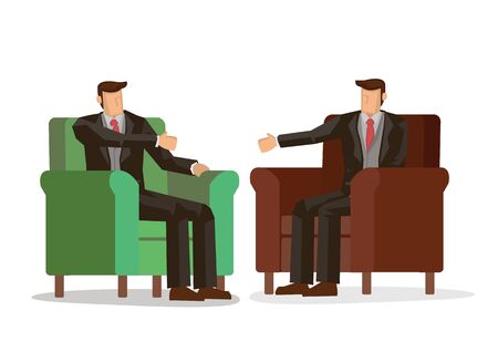 Two businessmen shaking hands while sitting on the couch at the office. Concept of cooperation. Vector illustration.のイラスト素材