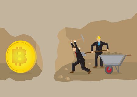 Businessmen working on digging on bitcoin. Virtual cryptocurrency mining concept.のイラスト素材