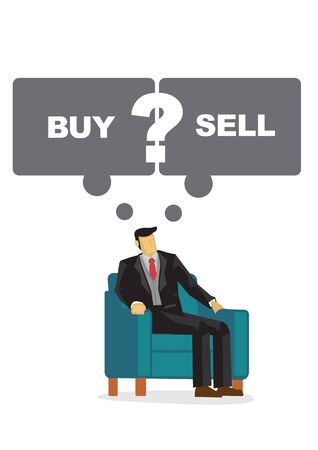Business man with speech bubble thinking if he should buy or sell his shares. Portray of a indecisive leader. Vector cartoon illustration.のイラスト素材