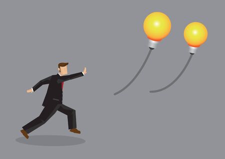 Cartoon man in business suit running after lit light bulb balloon that are flying away. Creative vector illustration for concept on chasing after shiny ideas in business.のイラスト素材