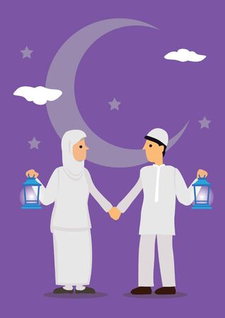 Cartoon muslim couple holding lantern with crescent moon, stars and in background. Ramadan fasting greeting card. Flat Vector illustration.のイラスト素材