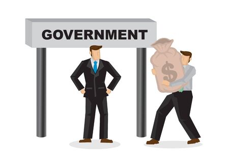 Cartoon of businessman taking a bag of money and giving it to the government. Concept of tax paying, bribery or corruption. Isolated vector illustration.のイラスト素材