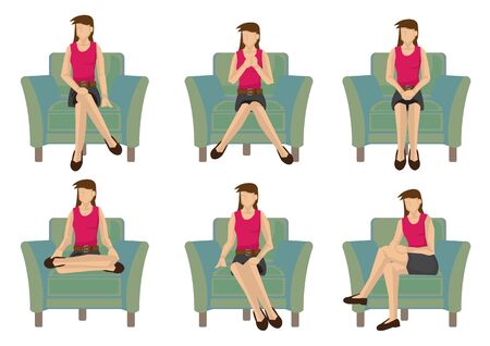 Set of full length casual woman in various sitting positions isolated on white background. Vector illustration design.のイラスト素材