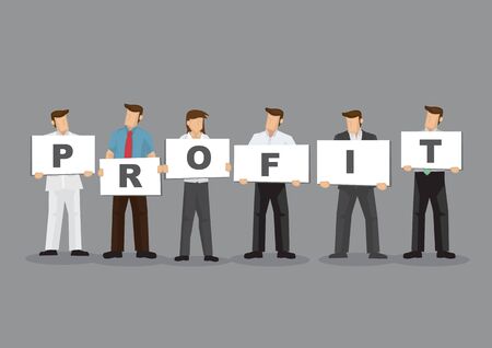 A group of business professionals holding sign cards with alphabets to form word Profit. Cartoon vector illustration on business profitability by working as a team concept.のイラスト素材