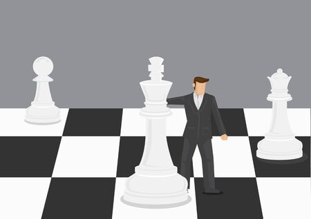 Cartoon businessman in giant chess set. Creative vector illustration on business strategy concept isolated on grey background.のイラスト素材