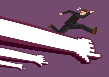 Cartoon business executive running in the direction indicated by pixelated digital hand. Vector illustration for technology and business concept isolated on purple background.のイラスト素材