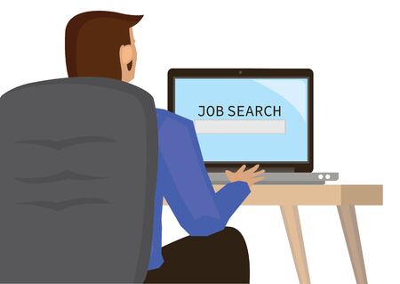 Man visiting job search career website. Recruitment Occupation Career Concept. Flat cartoon character vector illustration isolated on white background.のイラスト素材