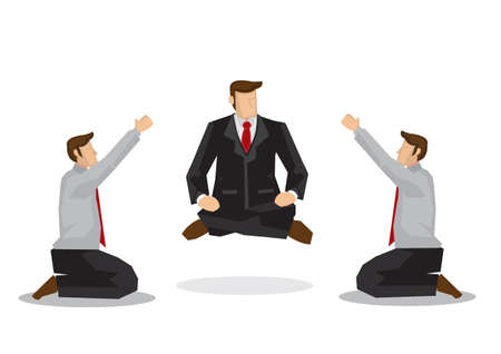 Two businessmen worshipping a business guru floating off the ground. Business metaphor. Concept of strong leadership. Vector illustration.のイラスト素材