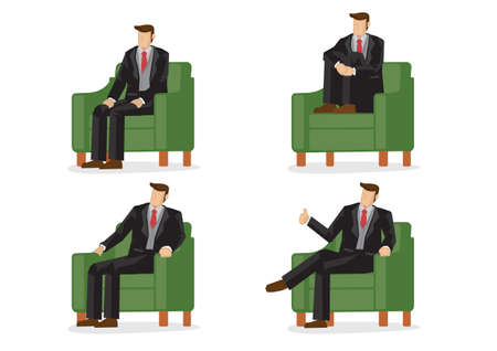 Set of business characters in four sitting positions in green armchair. Vector illustration design.のイラスト素材