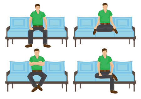 Set of full length casual man in various sitting positions isolated on white background. Vector illustration design.のイラスト素材