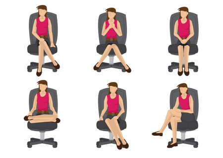 Set of full length casual woman in various sitting positions isolated on white background. Vector illustration design.のイラスト素材