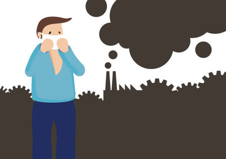 Man wearing face mask because of air pollution in the city. Air Pollution concept. Flat cartoon character vector illustration.のイラスト素材