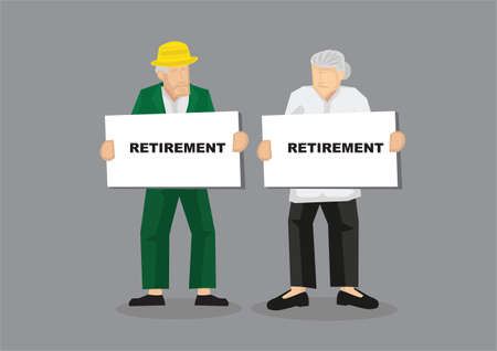 Elderly man and woman with placard with the writing retirement on it; Concept of protests; investing or pension money. Flat vector illustration.のイラスト素材