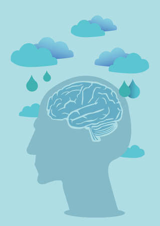 Design graphic of a human brain with cloud and raindrops. Psychology or mental health concept. Vector illustrationのイラスト素材