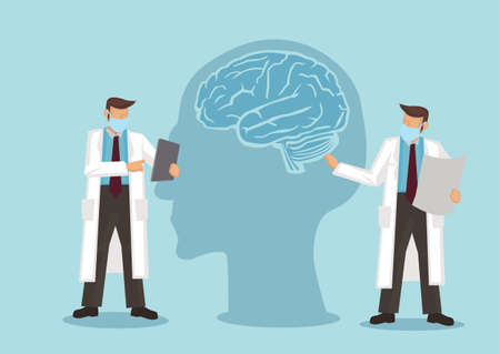 Doctors discuss about the brain head together. Psychology or mental health concept. Vector illustrationのイラスト素材