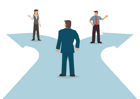 Businessman standing in front of a crossroad with road split in two different ways. Flat vector illustration.のイラスト素材