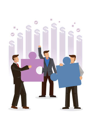 Business people connecting jigsaw puzzle. Concept of business, teamwork, cooperation, partnership. Flat cartoon character vector illustration design isolated in white background.のイラスト素材