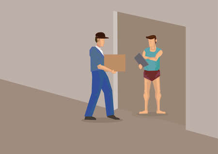 Delivery service courier with box in hand. Flat cartoon character vector illustrationのイラスト素材