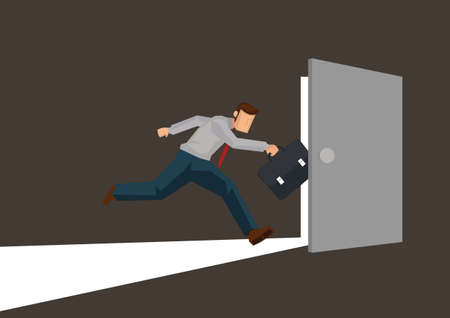 Businessman running towards a open light door. Concept of leadership, courage or looking for opportunity;. Business flat cartoon character vector illustration.のイラスト素材