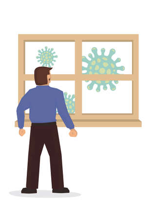 Man quarantinea at home with virus floating outside the window. Work from home and social distance concept on virus corona pandemic. Vector illustration.のイラスト素材