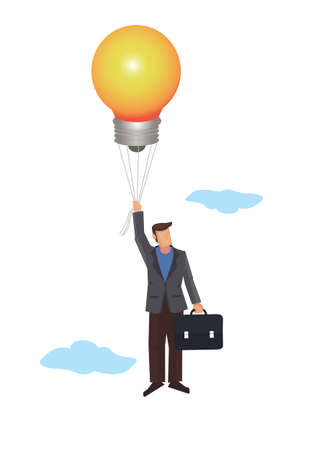 Businessman flying in the sky with a lightbulb balloon. Looking and planning ahead. Idea concept. Flat style vector illustration.のイラスト素材